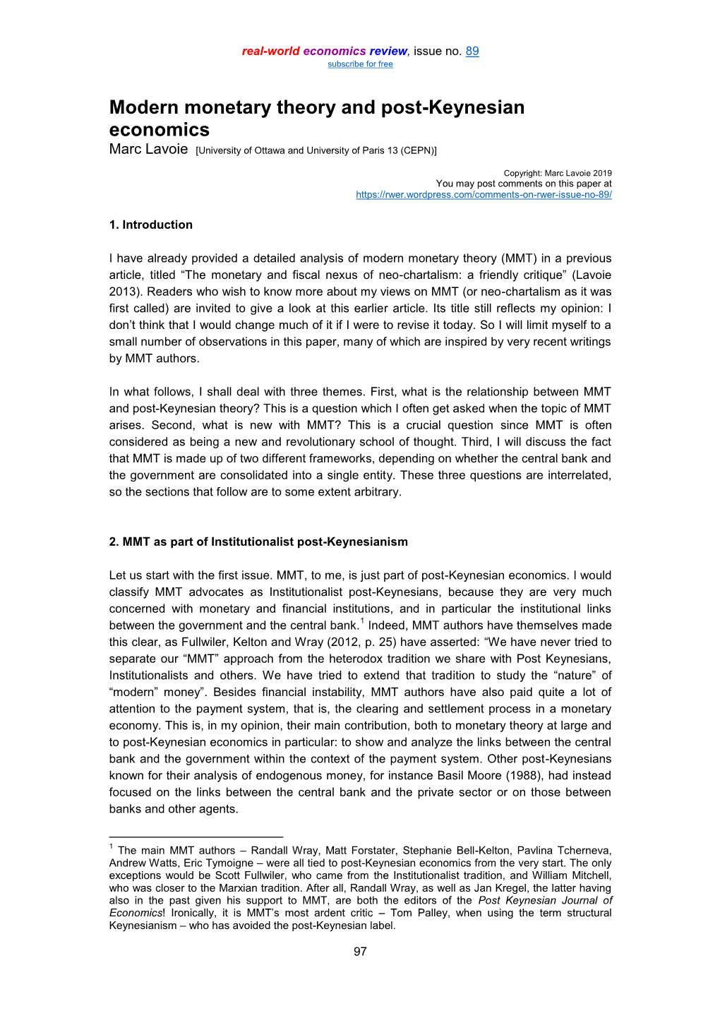 Modern Monetary Theory and Post-Keynesian Economics Marc Lavoie [University of Ottawa and University of Paris 13 (CEPN)]