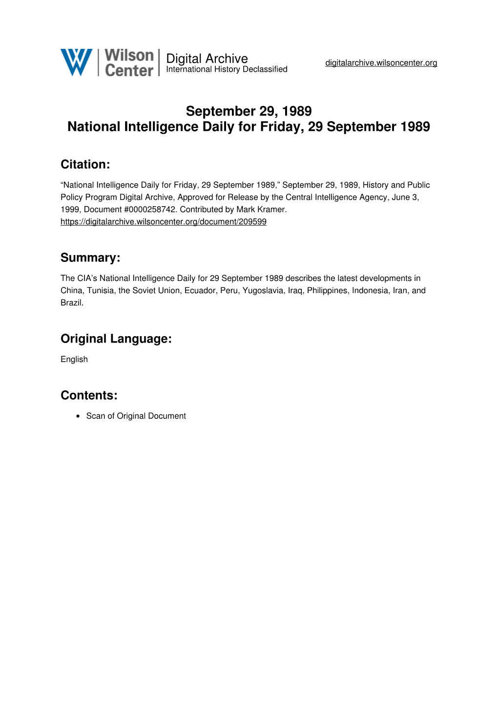 September 29, 1989 National Intelligence Daily for Friday, 29 September 1989