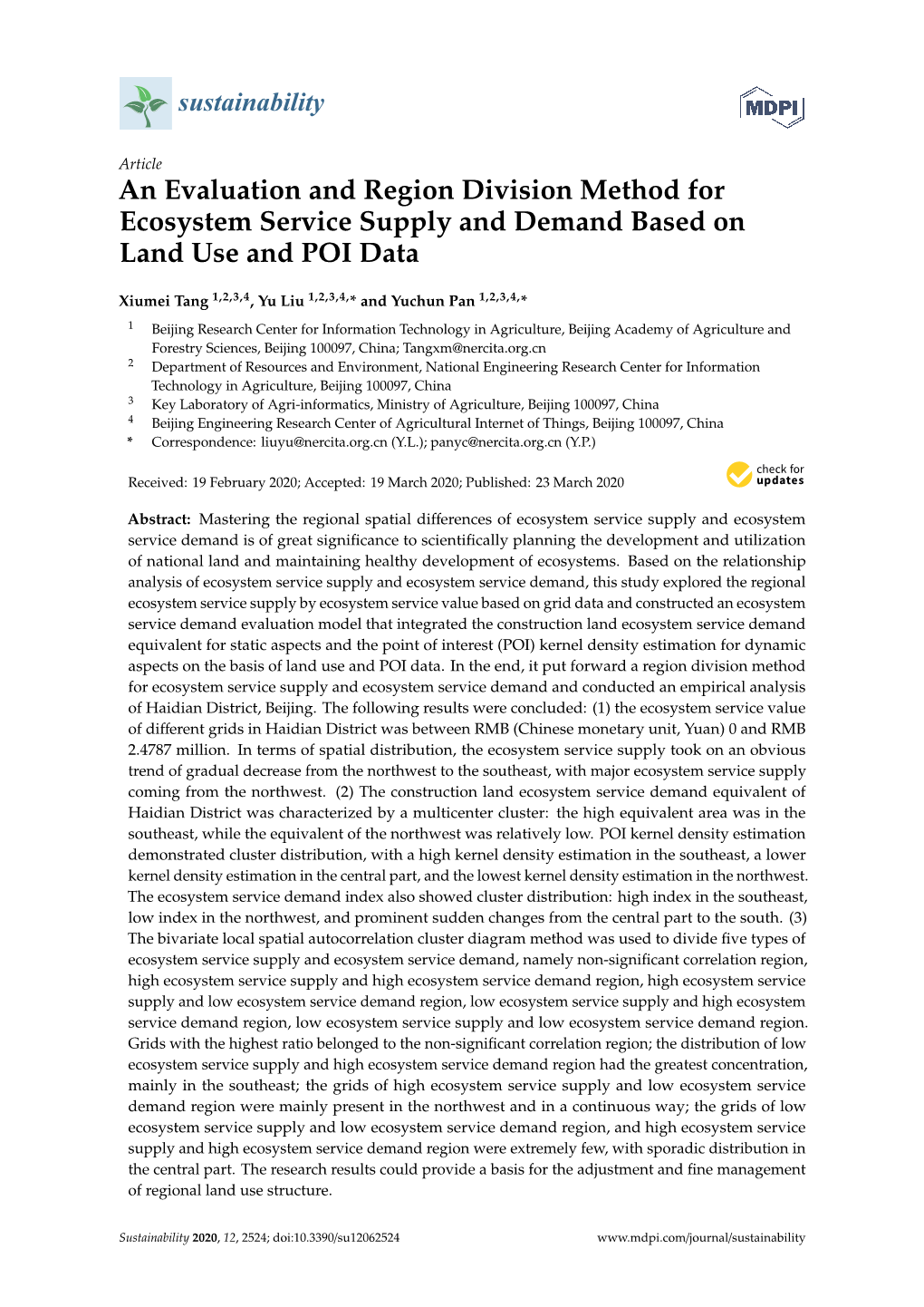 An Evaluation and Region Division Method for Ecosystem Service Supply and Demand Based on Land Use and POI Data
