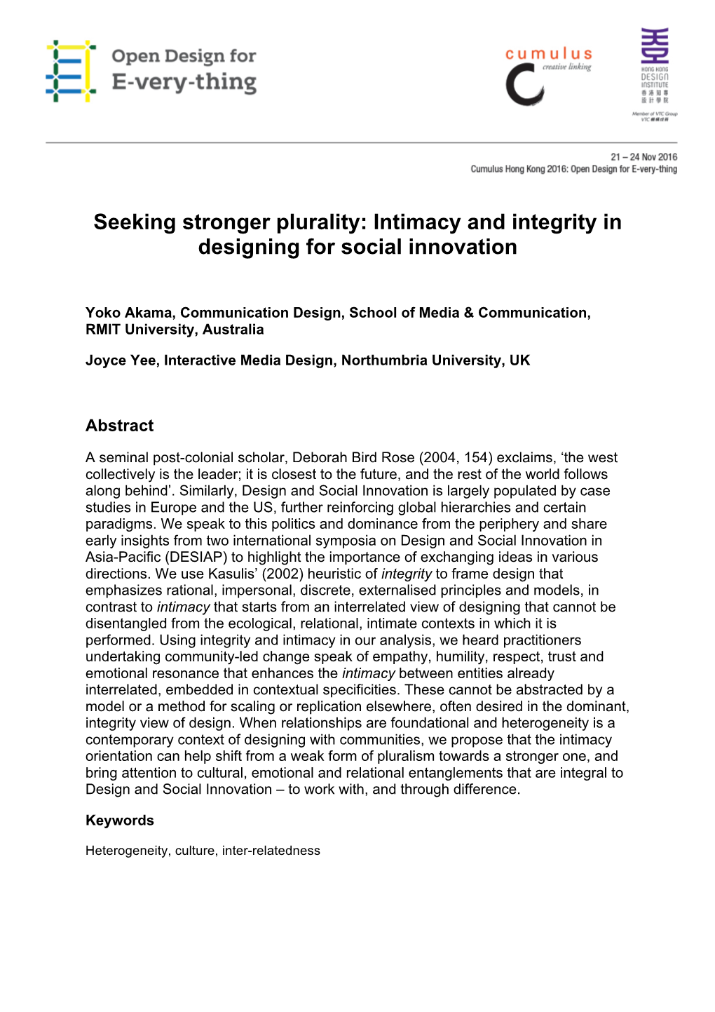 Seeking Stronger Plurality: Intimacy and Integrity in Designing for Social Innovation