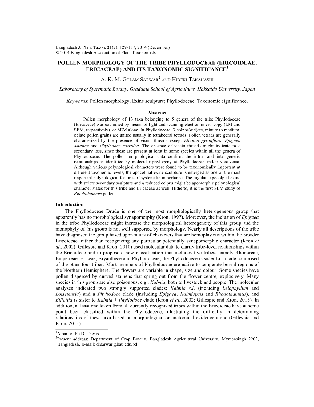 Pollen Morphology of the Tribe Phyllodoceae (Ericoideae, Ericaceae) and Its Taxonomic Significance1