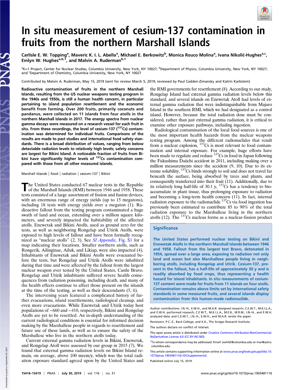 In Situ Measurement of Cesium-137 Contamination in Fruits from the Northern Marshall Islands