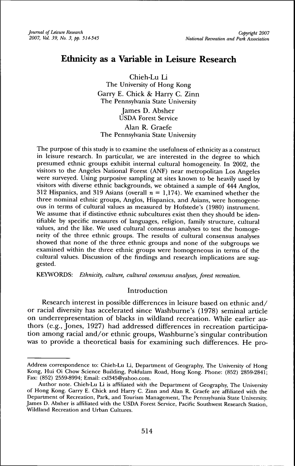 Ethnicity As a Variable in Leisure Research