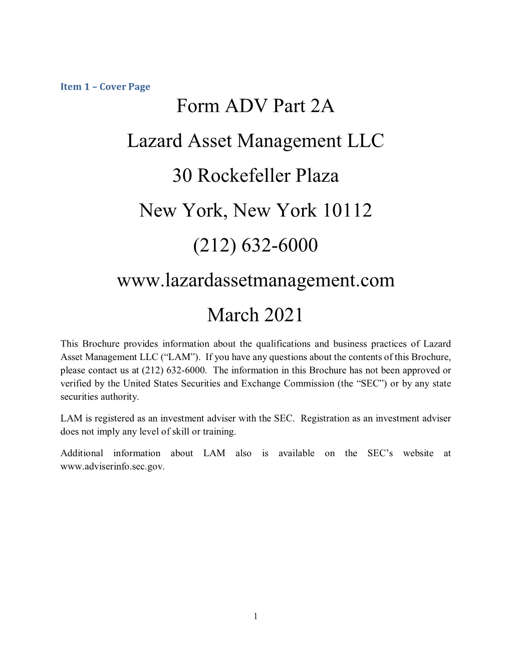 Form ADV Part 2A Lazard Asset Management LLC 30 Rockefeller