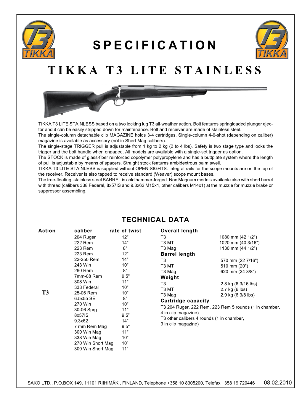 Specification Tikka T3 Lite Stainless