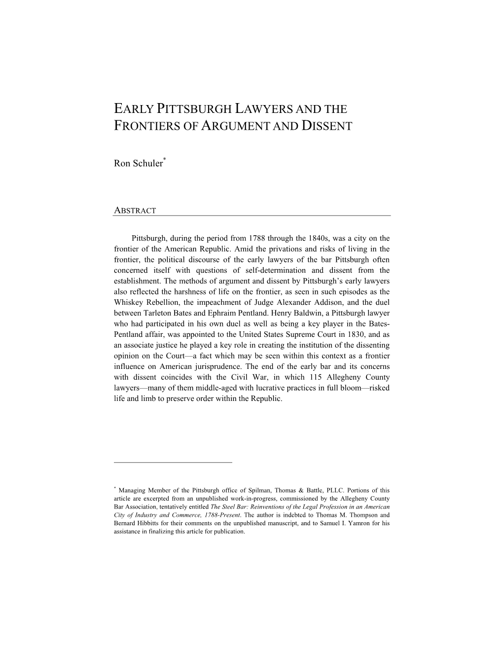 Early Pittsburgh Lawyers and the Frontiers of Argument and Dissent