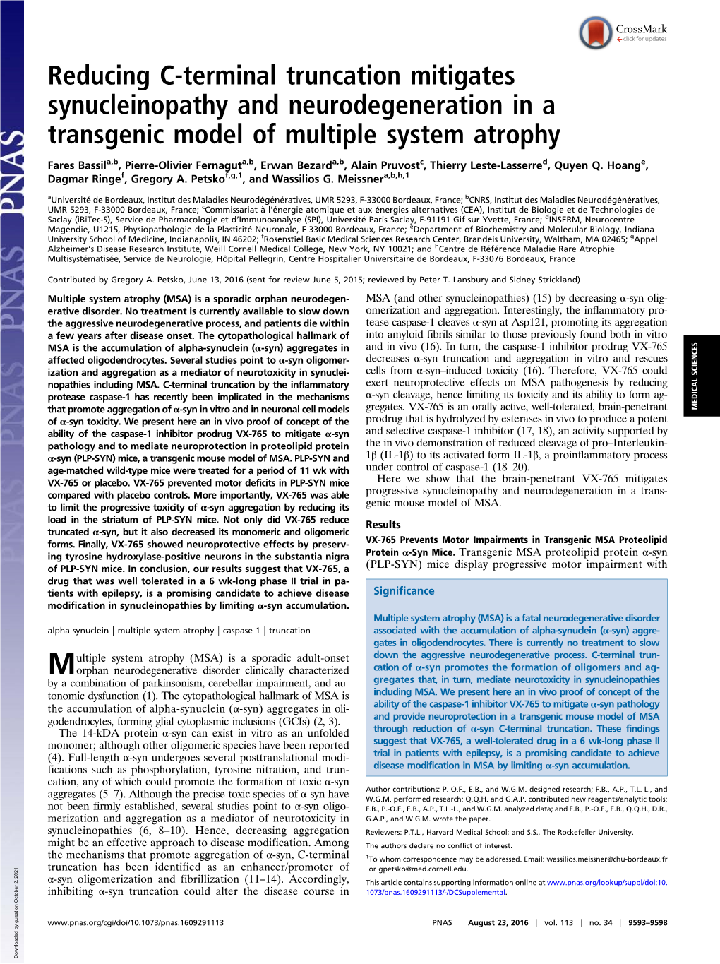 Reducing C-Terminal Truncation Mitigates Synucleinopathy and Neurodegeneration in a Transgenic Model of Multiple System Atrophy