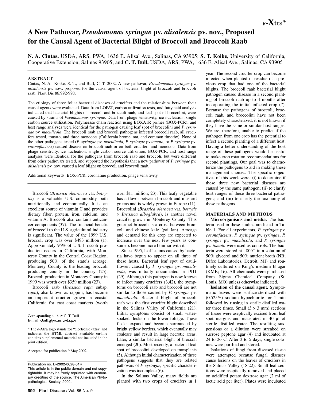 A New Pathovar, Pseudomonas Syringae Pv. Alisalensis Pv