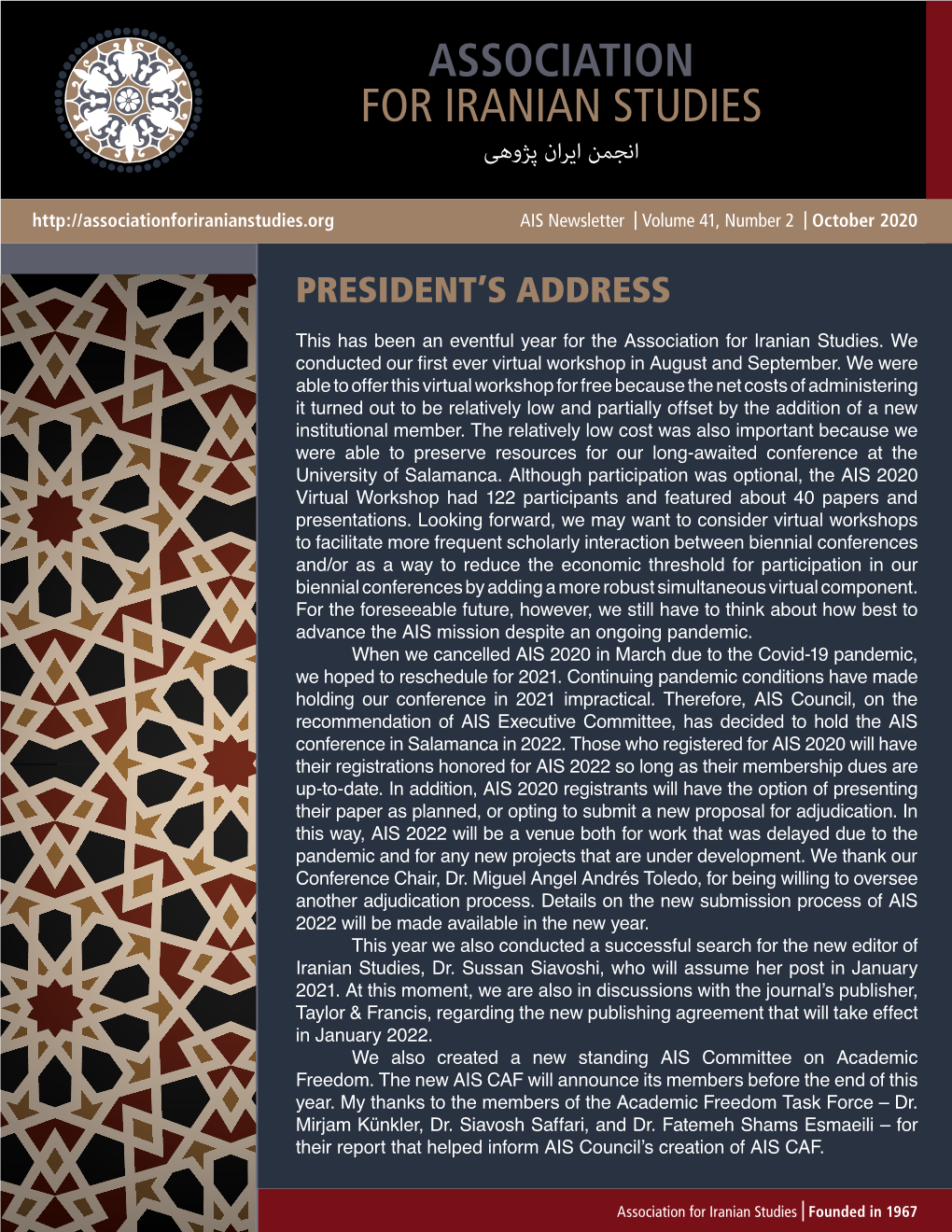 ASSOCIATION for IRANIAN STUDIES انجمن ایران پژوهی AIS Newsletter | Volume 41, Number 2 | October 2020