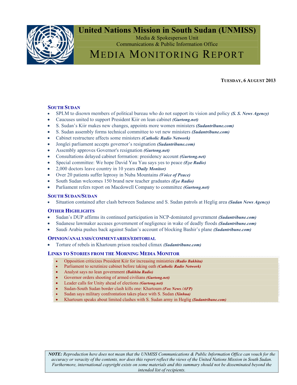 (UNMISS) Media & Spokesperson Unit Communications & Public Information Office MEDIA MONITORING REPORT