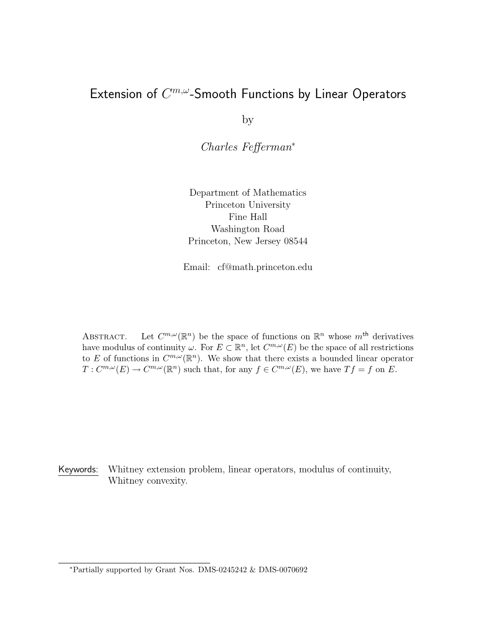 Extension of Cm,Ω-Smooth Functions by Linear Operators