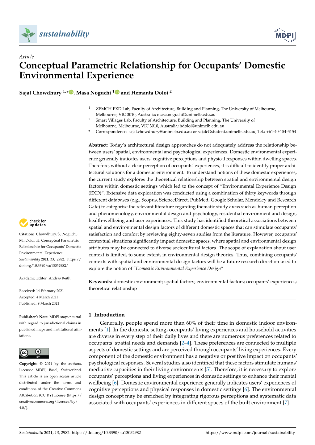 Conceptual Parametric Relationship for Occupants' Domestic