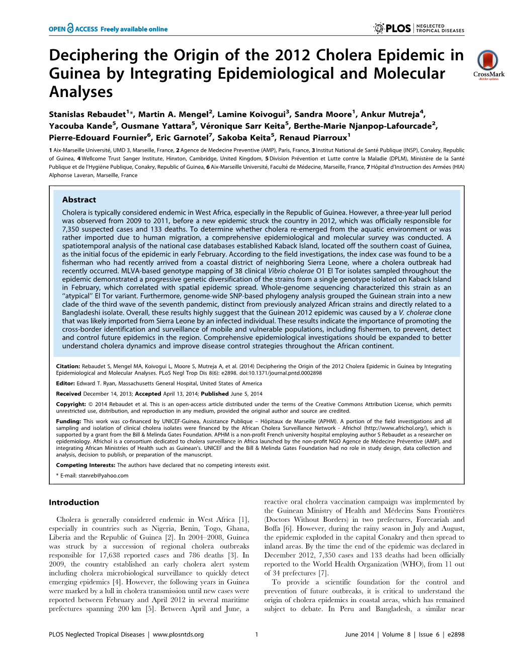 Deciphering the Origin of the 2012 Cholera Epidemic in Guinea by Integrating Epidemiological and Molecular Analyses