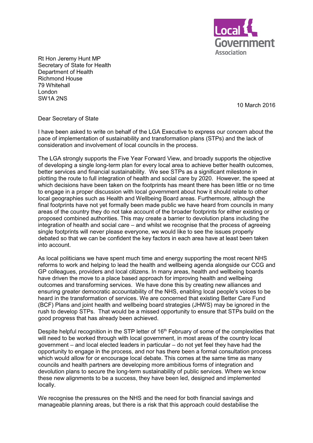 Letter from Cllr Izzi Seccombe to Jeremy Hunt on Stps