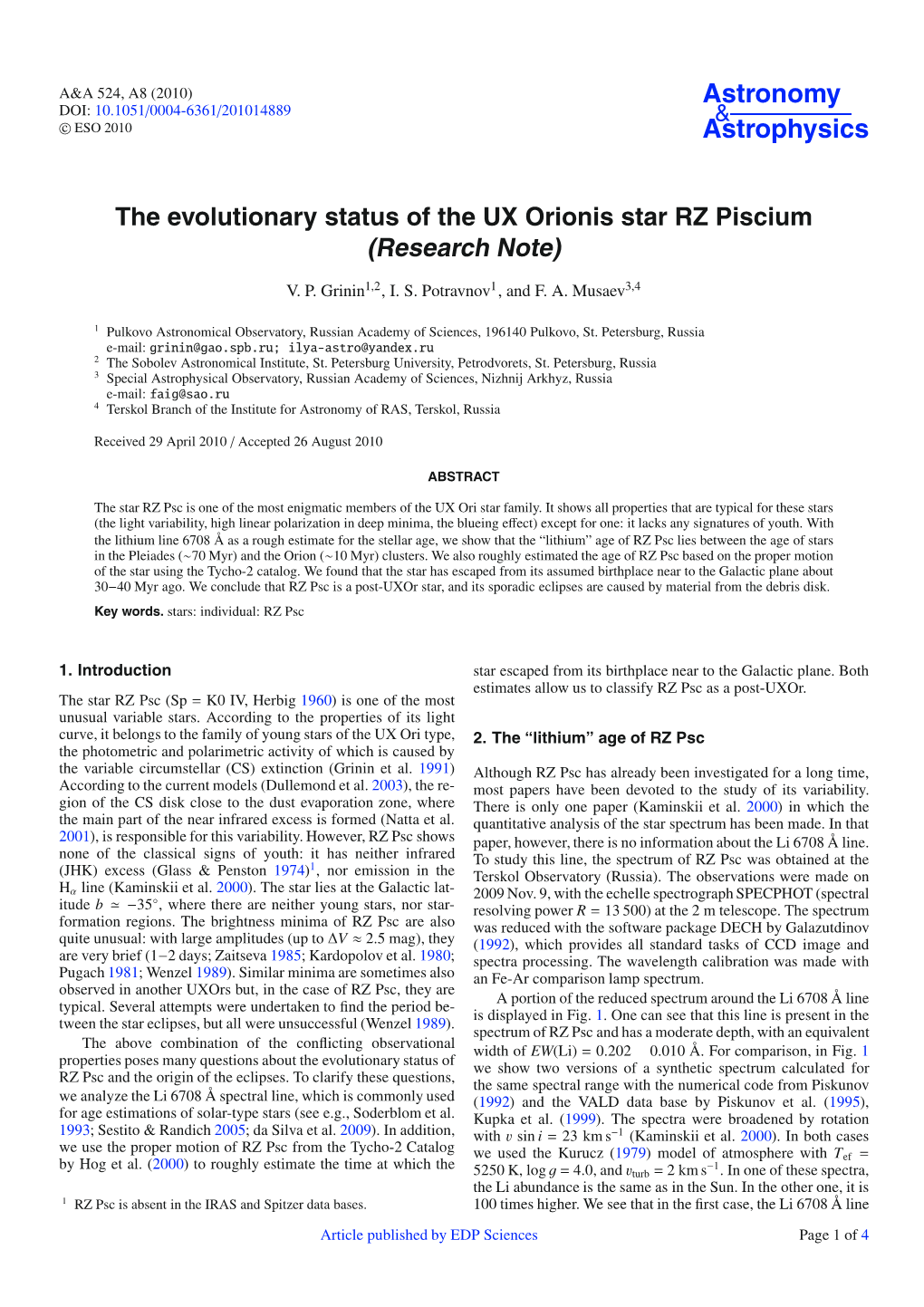 The Evolutionary Status of the UX Orionis Star RZ Piscium (Research Note)