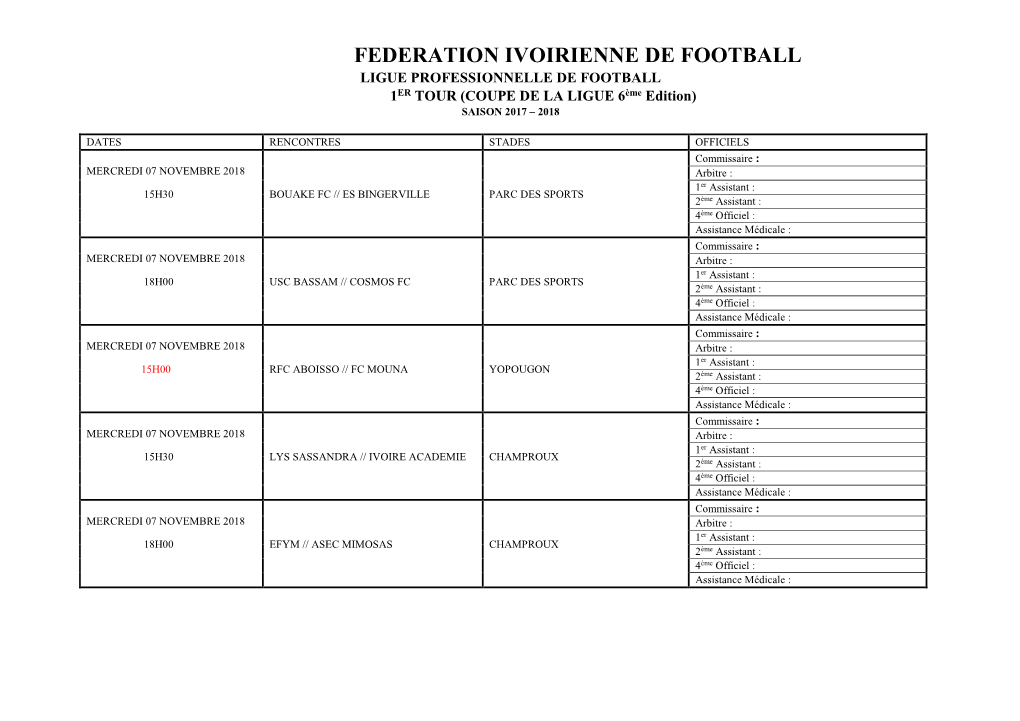 FEDERATION IVOIRIENNE DE FOOTBALL LIGUE PROFESSIONNELLE DE FOOTBALL 1ER TOUR (COUPE DE LA LIGUE 6Ème Edition) SAISON 2017 – 2018