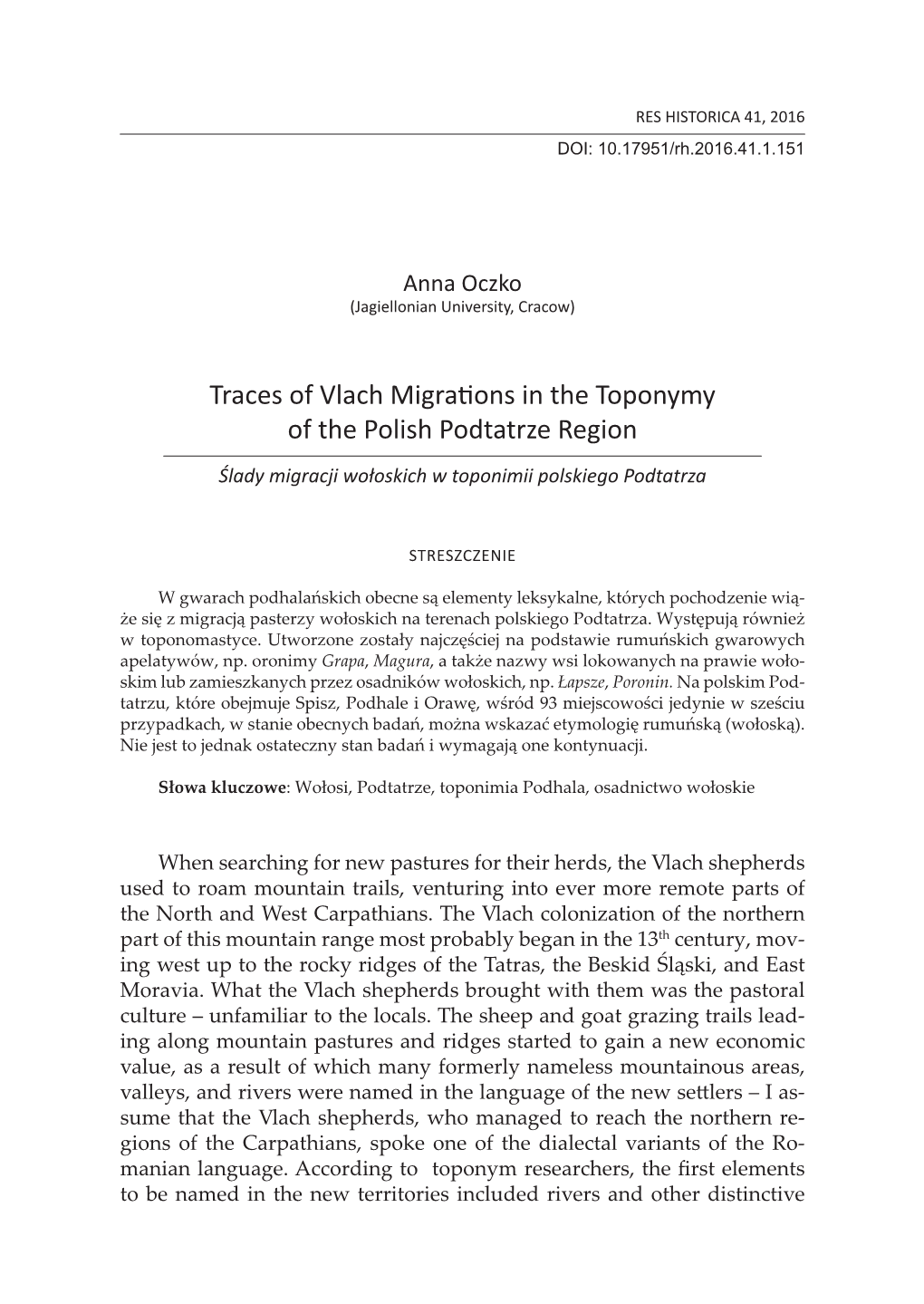 Traces of Vlach Migrations in the Toponymy of the Polish Podtatrze Region Ślady Migracji Wołoskich W Toponimii Polskiego Podtatrza