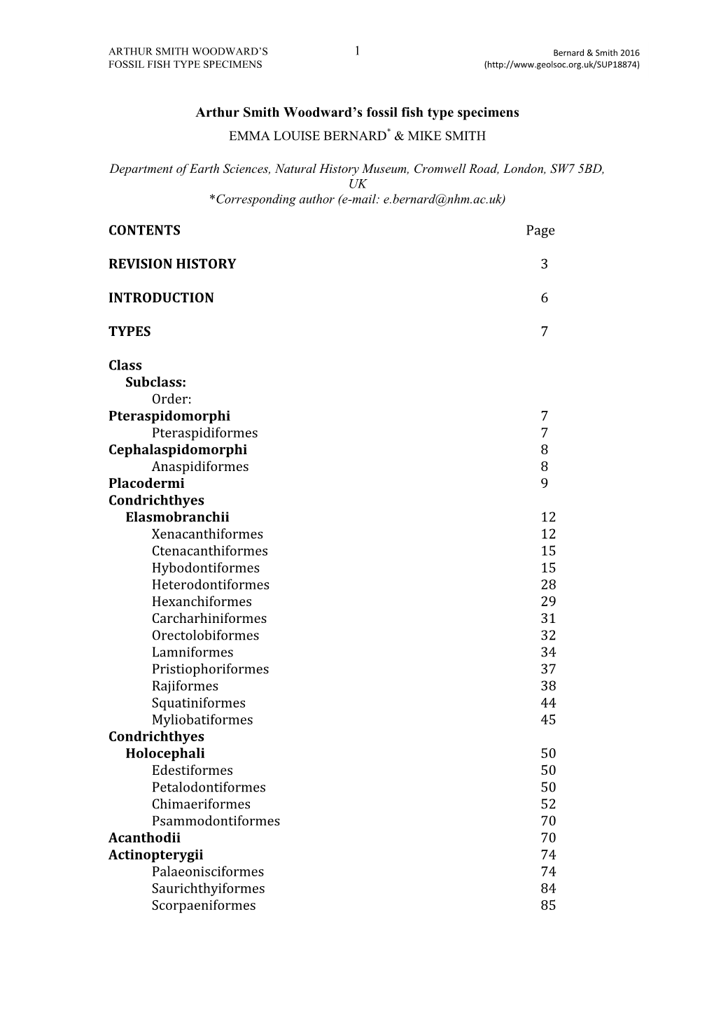 Arthur Smith Woodward's Fossil Fish Type Specimens CONTENTS Page