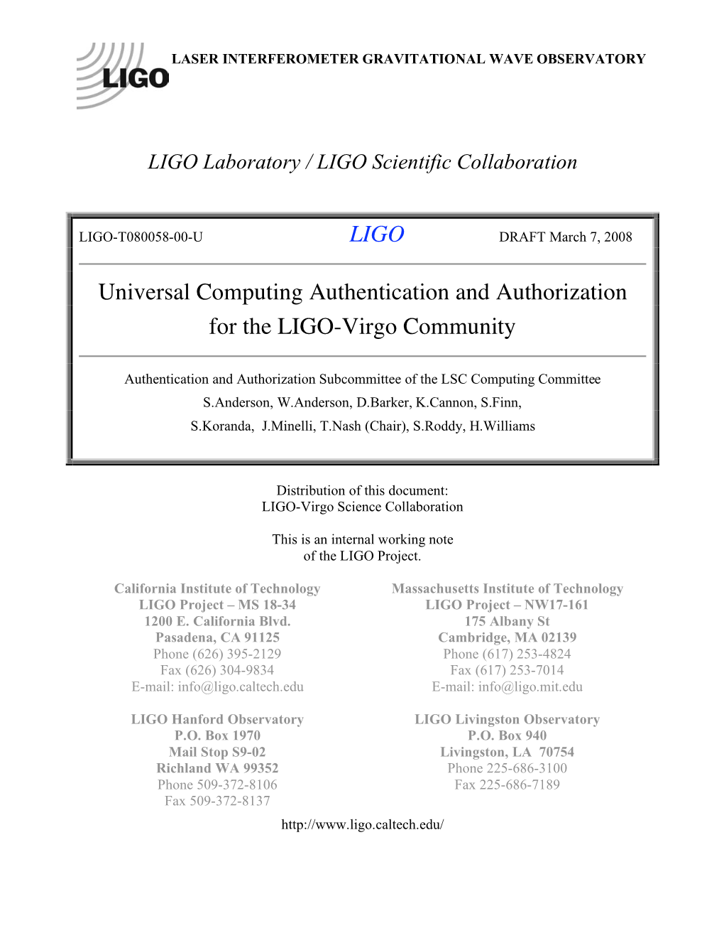 LIGO Universal Computing Authentication and Authorization For