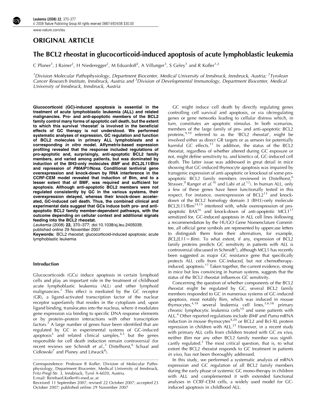 ORIGINAL ARTICLE the BCL2 Rheostat in Glucocorticoid-Induced