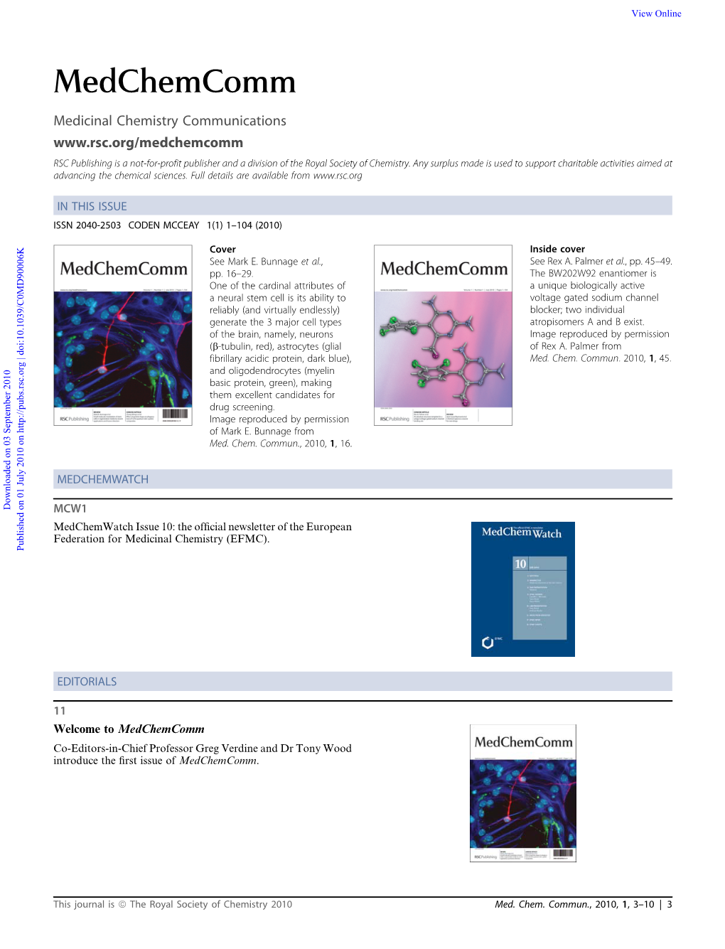 Medchemcomm Medicinal Chemistry Communications RSC Publishing Is a Not-For-Profit Publisher and a Division of the Royal Society of Chemistry