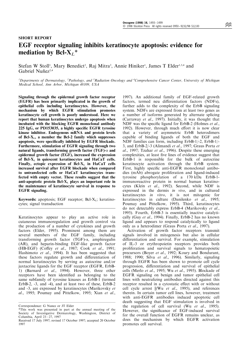 EGF Receptor Signaling Inhibits Keratinocyte Apoptosis: Evidence for Mediation by Bcl-XL*