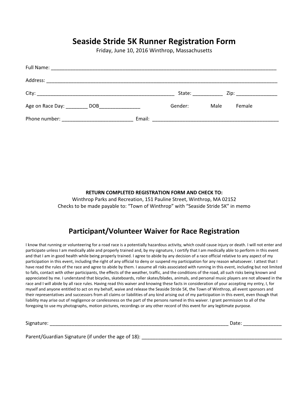 Seaside Stride 5K Runner Registration Form