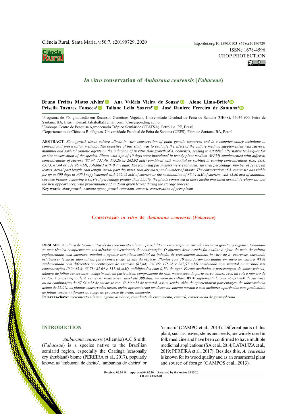 In Vitro Conservation of Amburana Cearensis (Fabaceae)