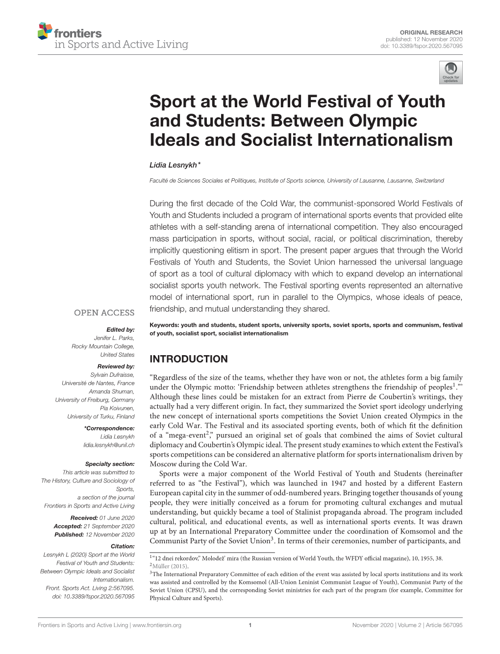 Sport at the World Festival of Youth and Students: Between Olympic Ideals and Socialist Internationalism