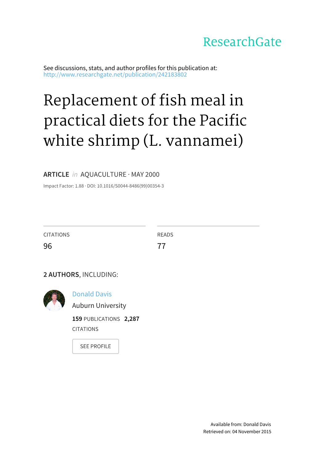 Replacement of Fish Meal in Practical Diets for the Pacific White Shrimp (L
