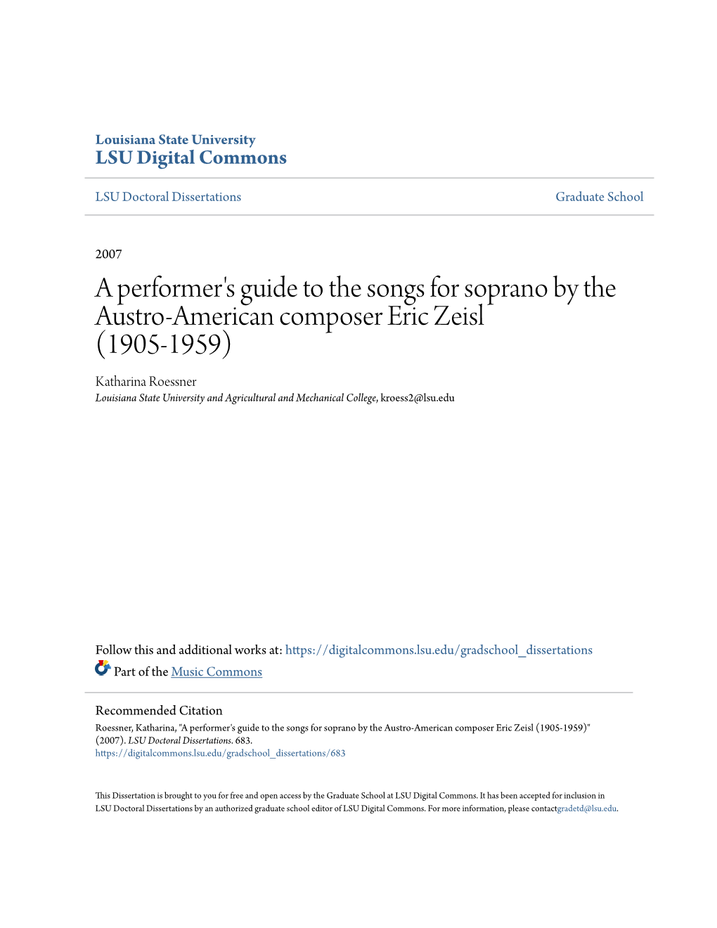 A Performer's Guide to the Songs for Soprano by the Austro-American Composer Eric Zeisl