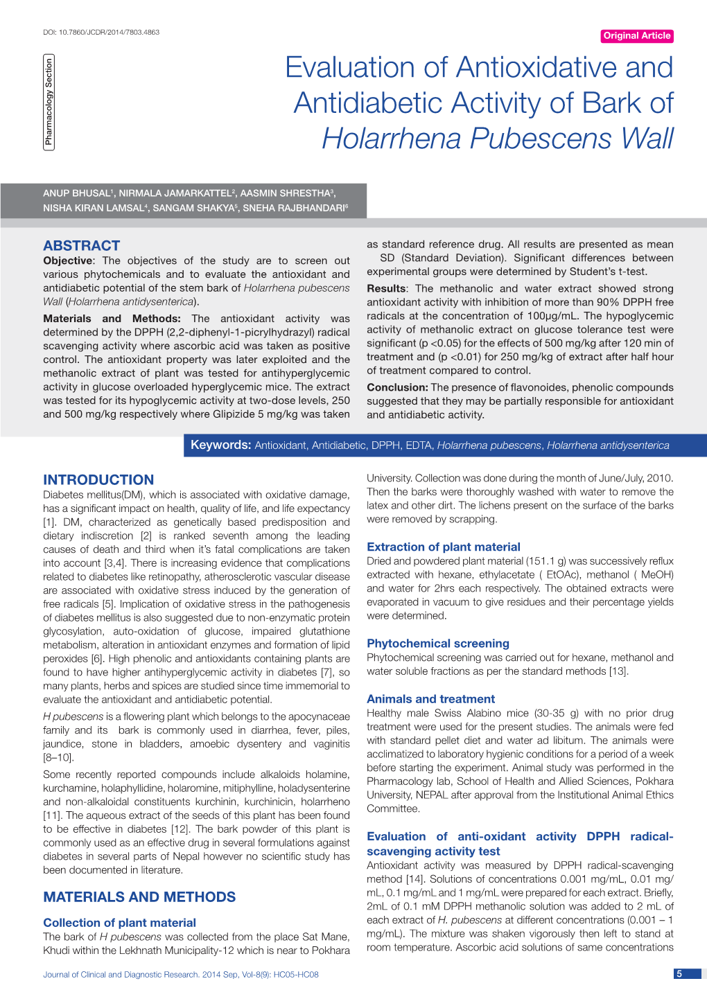 Evaluation of Antioxidative and Antidiabetic Activity of Bark Of