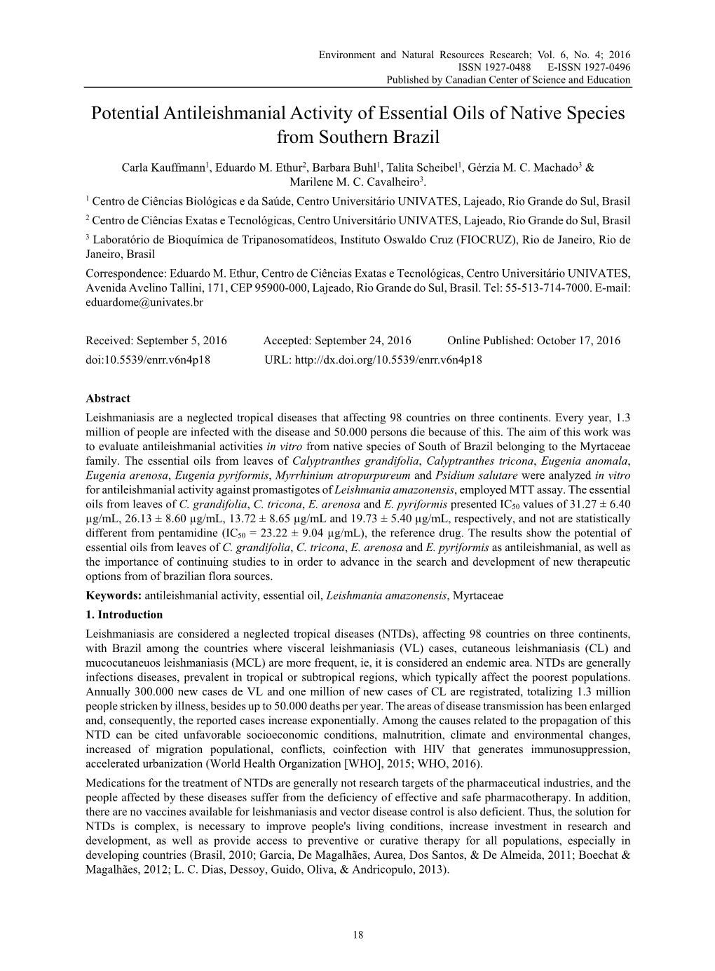 Potential Antileishmanial Activity of Essential Oils of Native Species from Southern Brazil