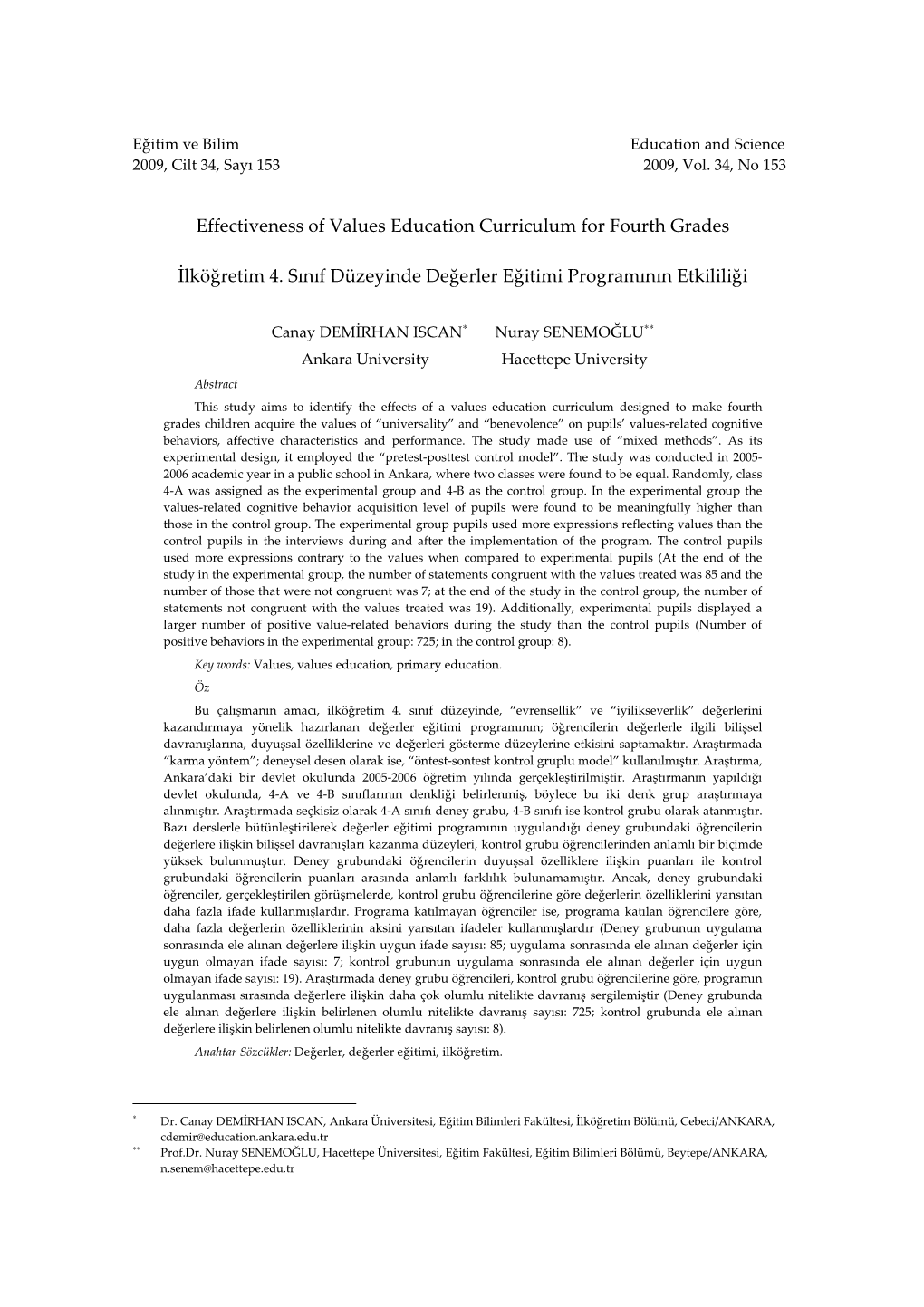 Effectiveness of Values Education Curriculum for Fourth Grades