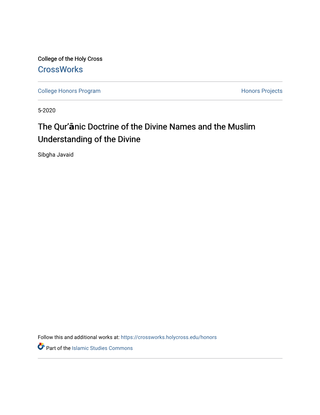 Crossworks the Qur'ānic Doctrine of the Divine Names and the Muslim