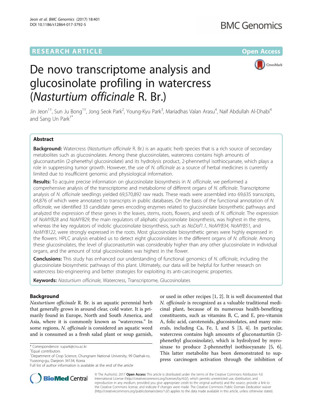 De Novo Transcriptome Analysis and Glucosinolate Profiling in Watercress (Nasturtium Officinale R