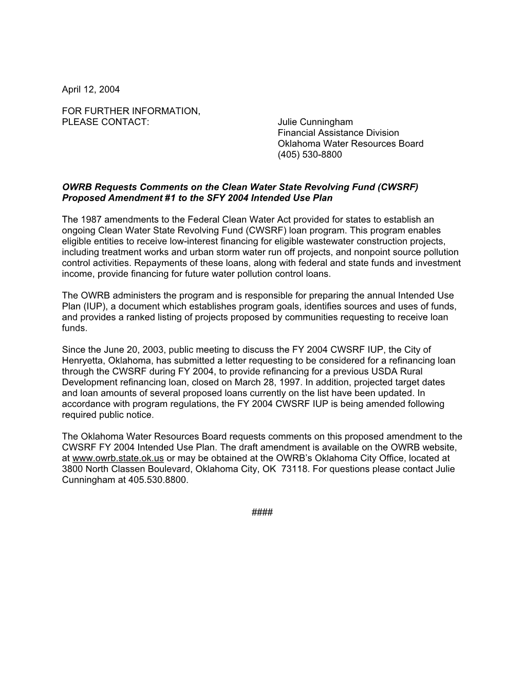OWRB Requests Comments on the Clean Water State Revolving Fund (CWSRF) Proposed Amendment #1 to the SFY 2004 Intended Use Plan