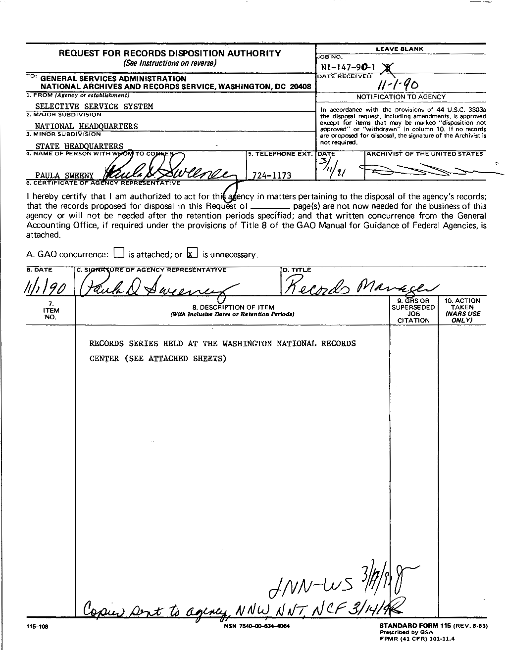 Unscheduled Records in Washington National Records Center, 1940-72