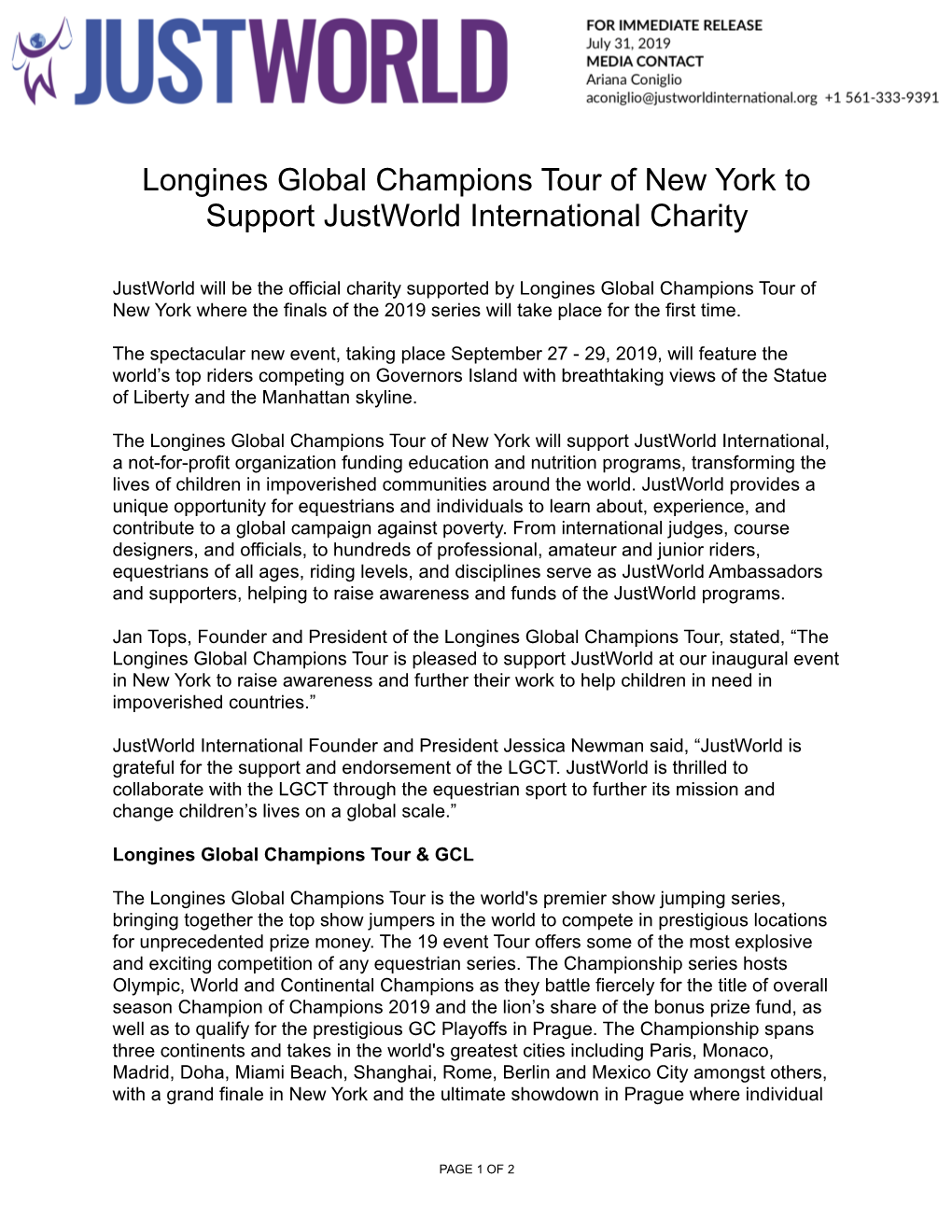 Longines Global Champions Tour of New York to Support Justworld International Charity