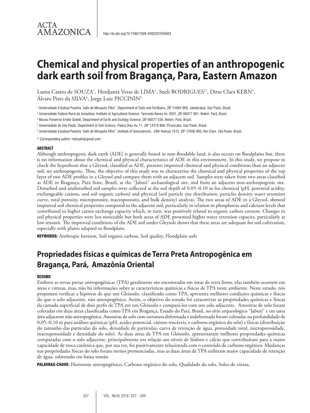 Chemical and Physical Properties of an Anthropogenic Dark Earth Soil from Bragança, Para, Eastern Amazon