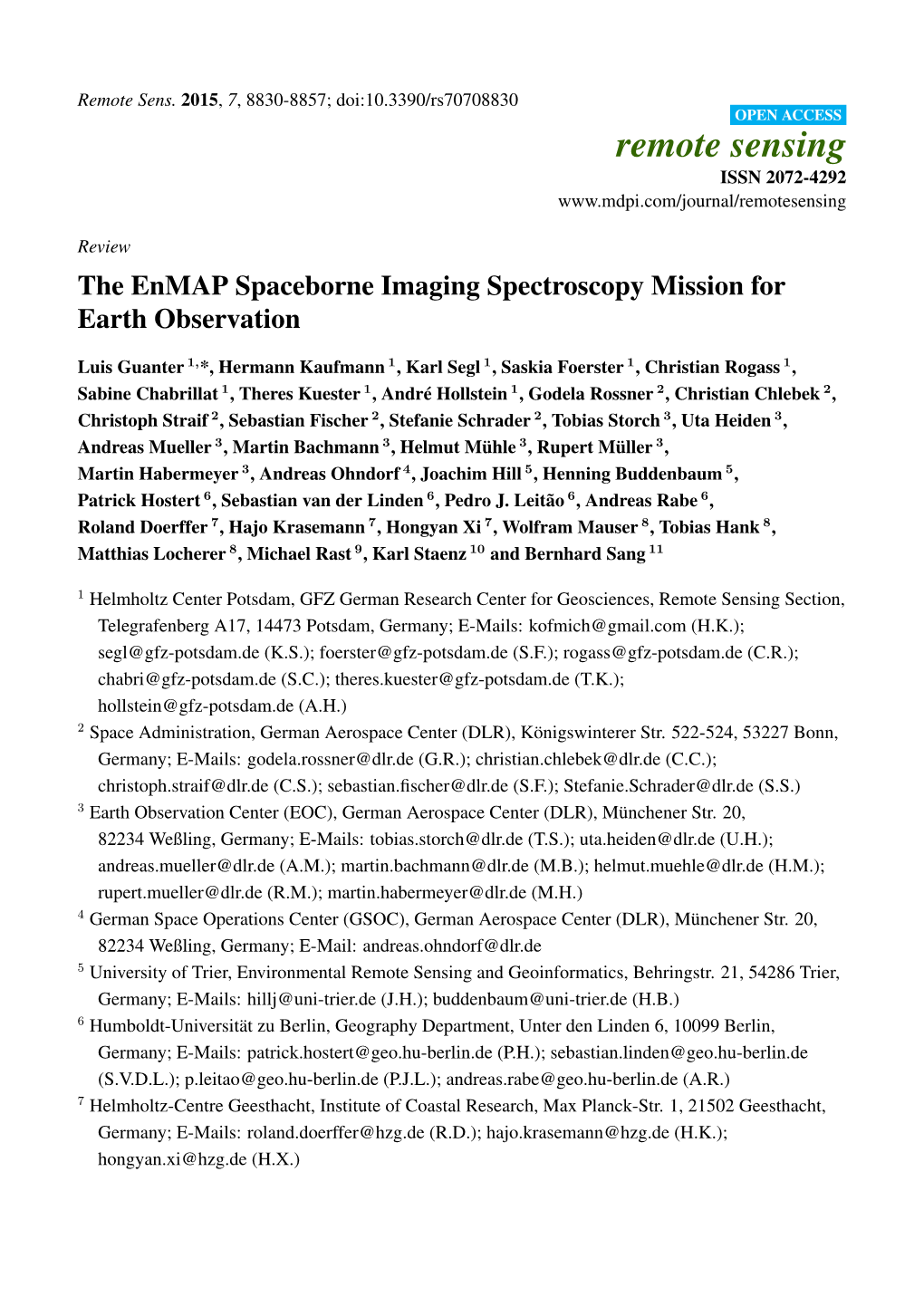 The Enmap Spaceborne Imaging Spectroscopy Mission for Earth Observation