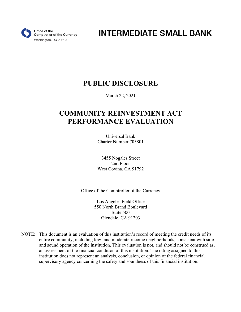 Community Reinvestment Act Performance Evaluation Charter No. 705801