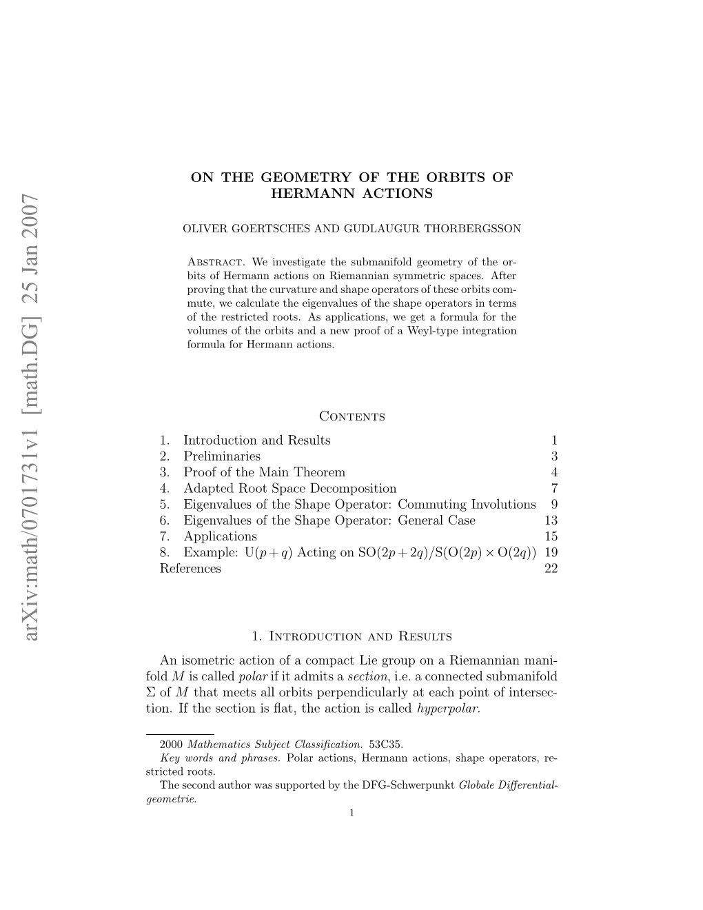 Arxiv:Math/0701731V1 [Math.DG] 25 Jan 2007 in Ftescini A,Teato Scalled Is Action the ﬂat, Is Section the If Tion