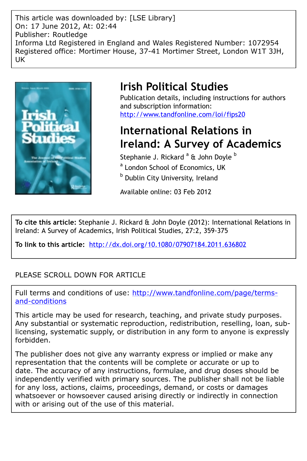 International Relations in Ireland: a Survey of Academics Stephanie J