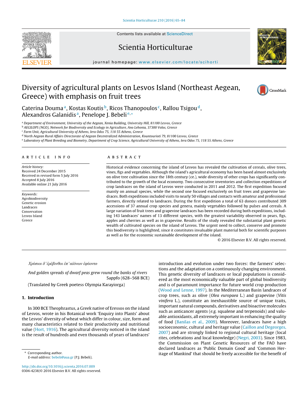 Diversity of Agricultural Plants on Lesvos Island (Northeast Aegean