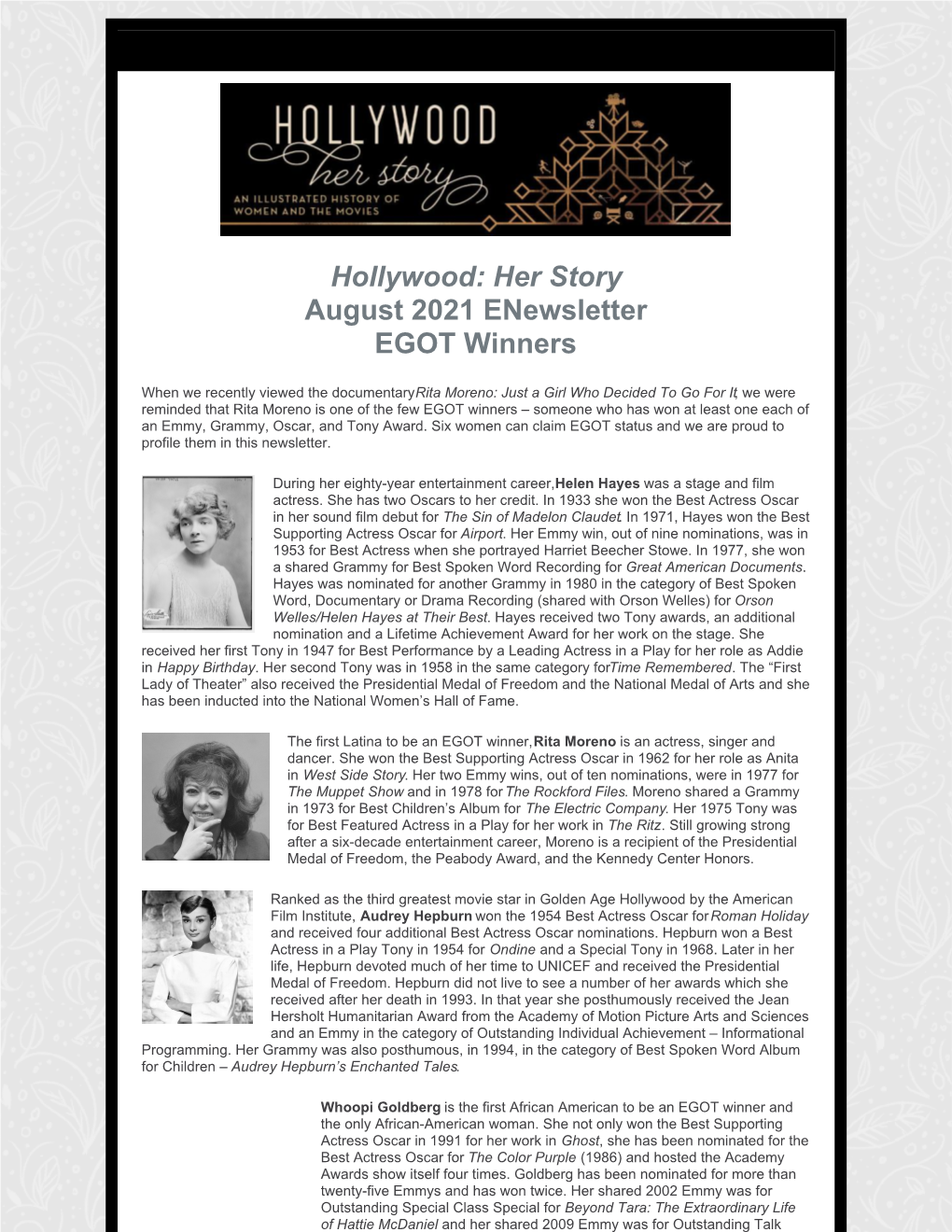 Hollywood: Her Story August 2021 Enewsletter EGOT Winners