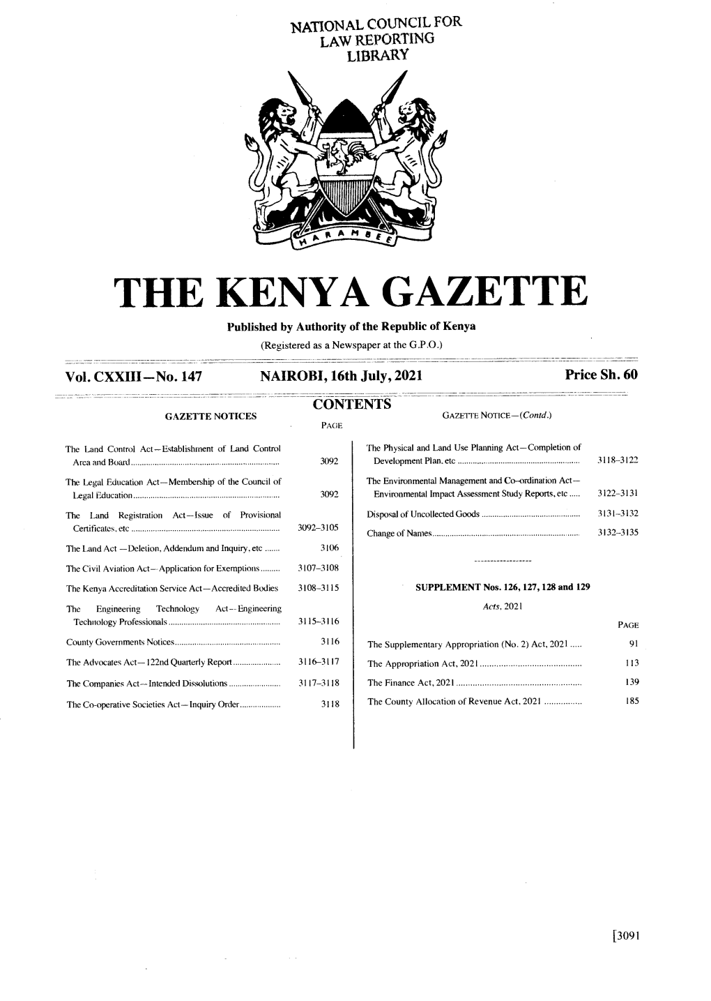 THE KENYA GAZETTE Published by Authority of the Republic of Kenya (Registered As a Newspaper at the G.P O.) � Vol