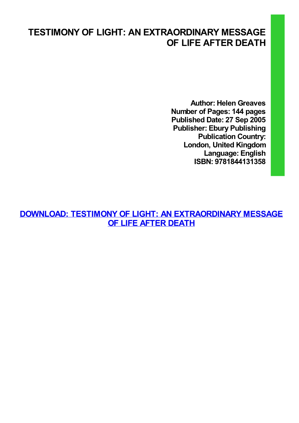 Testimony of Light: an Extraordinary Message of Life After Death