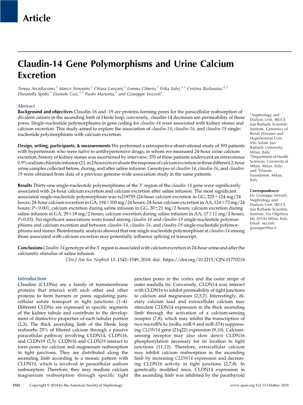 Claudin-14 Gene Polymorphisms and Urine Calcium Excretion