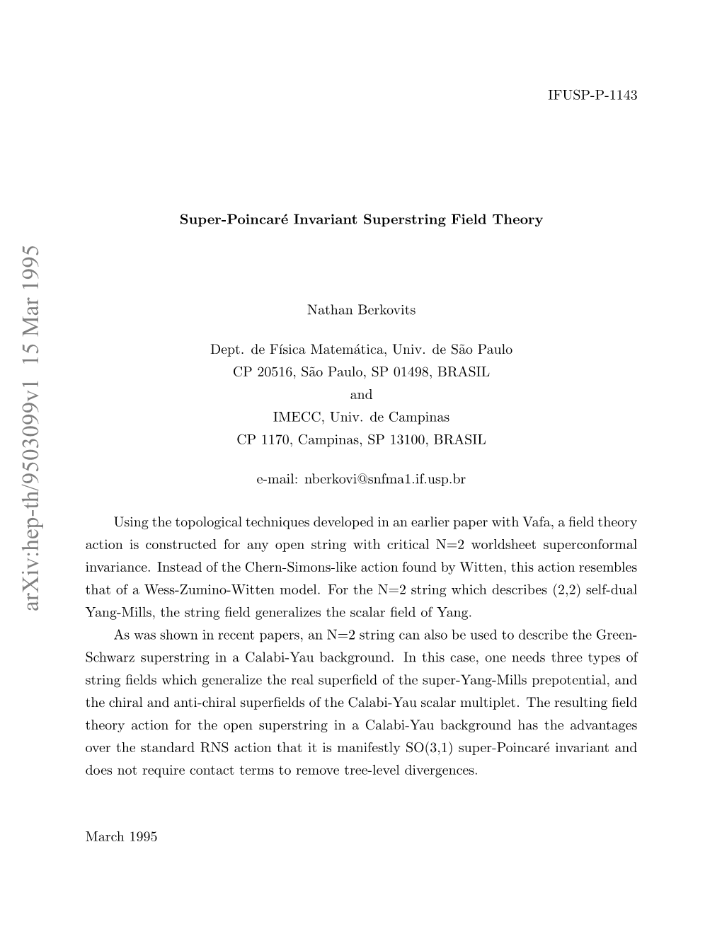 Super-Poincare Invariant Superstring Field Theory